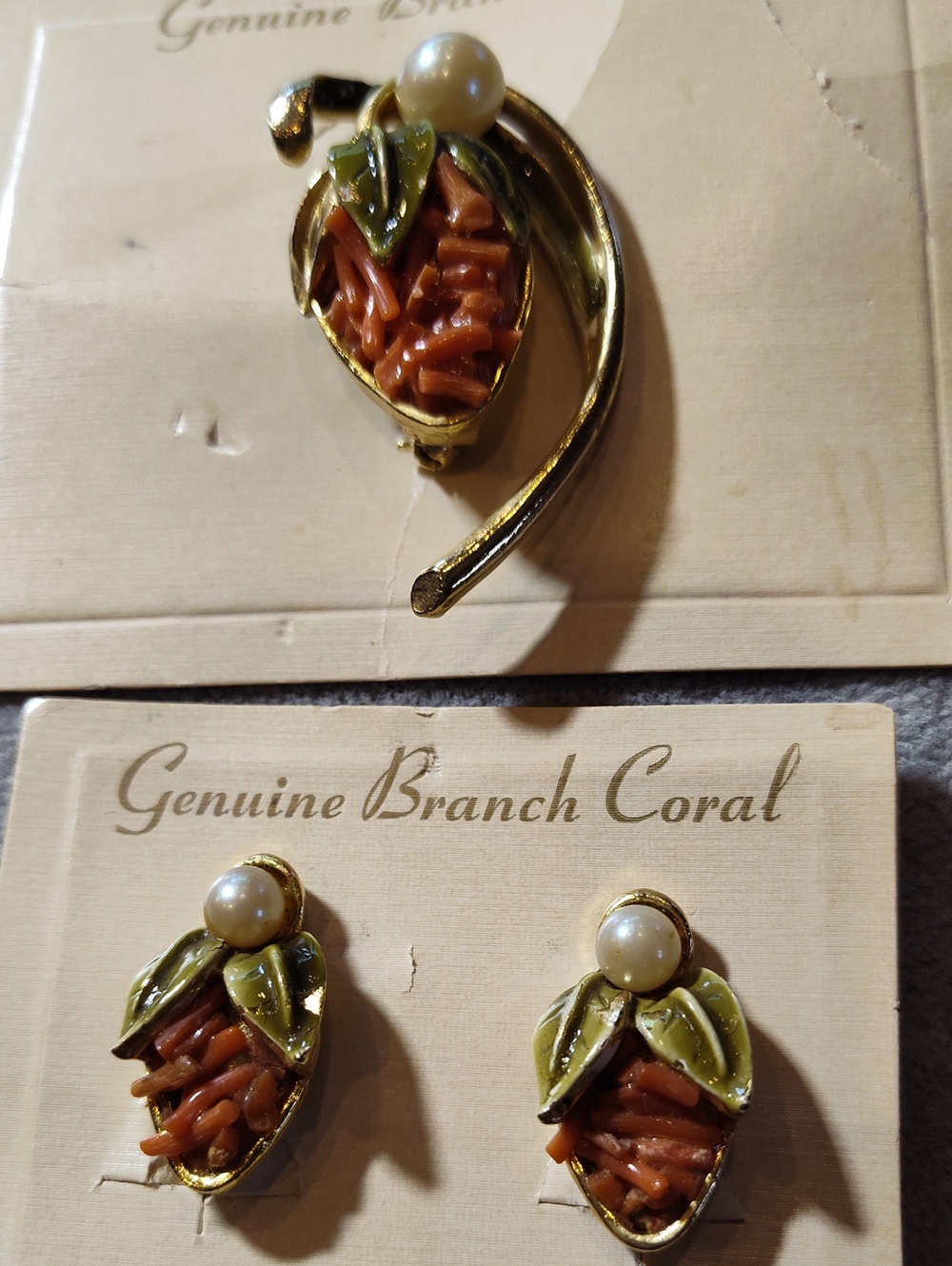 Art Pepper 1950s Genuine Branch Coral & Pearl Leaf Brooch and Earring Set